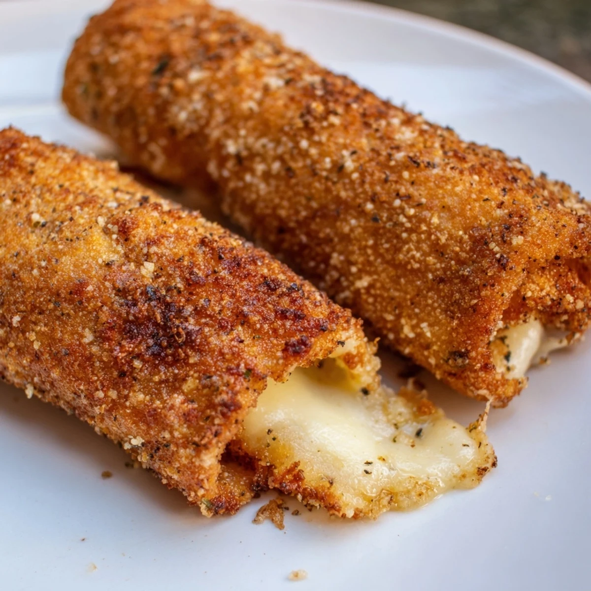 Pan-fried crispy cheesy roll ups sprinkled with Parmesan and aromatic garlic oregano breadcrumbs