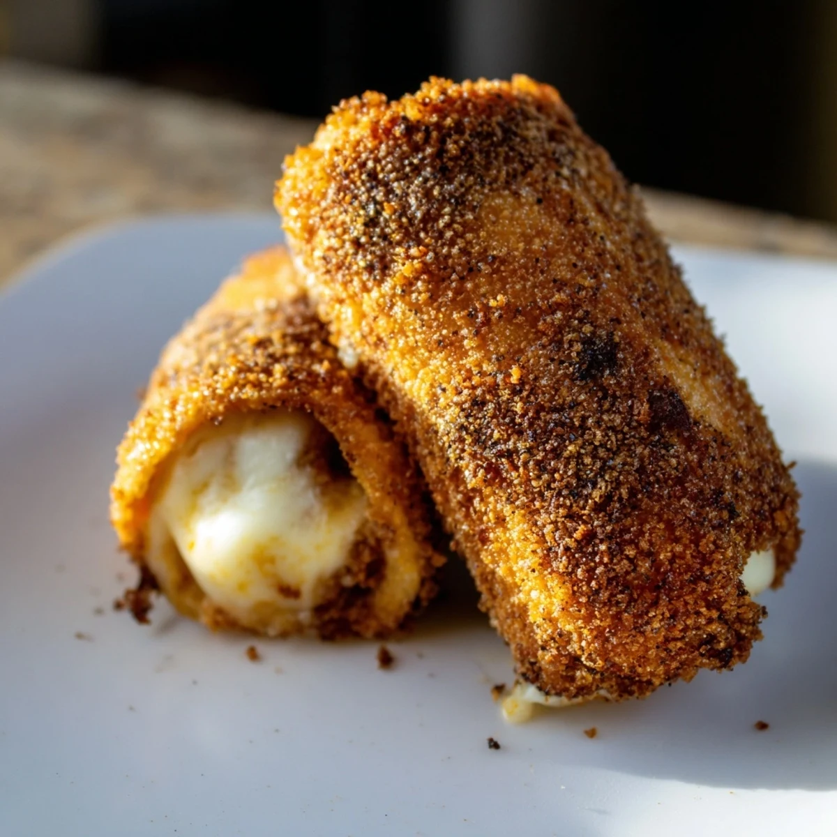 Homemade crispy cheesy roll ups served hot with marinara sauce for dipping