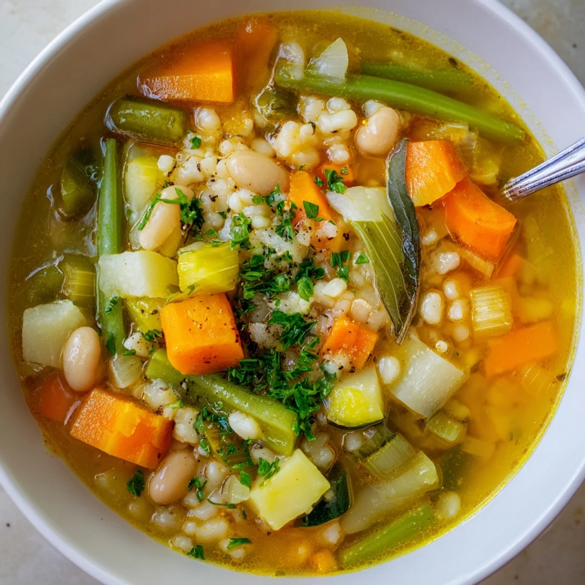 Hearty vegetable stone soup simmering in a large pot with colorful diced carrots, celery, potatoes, and green beans