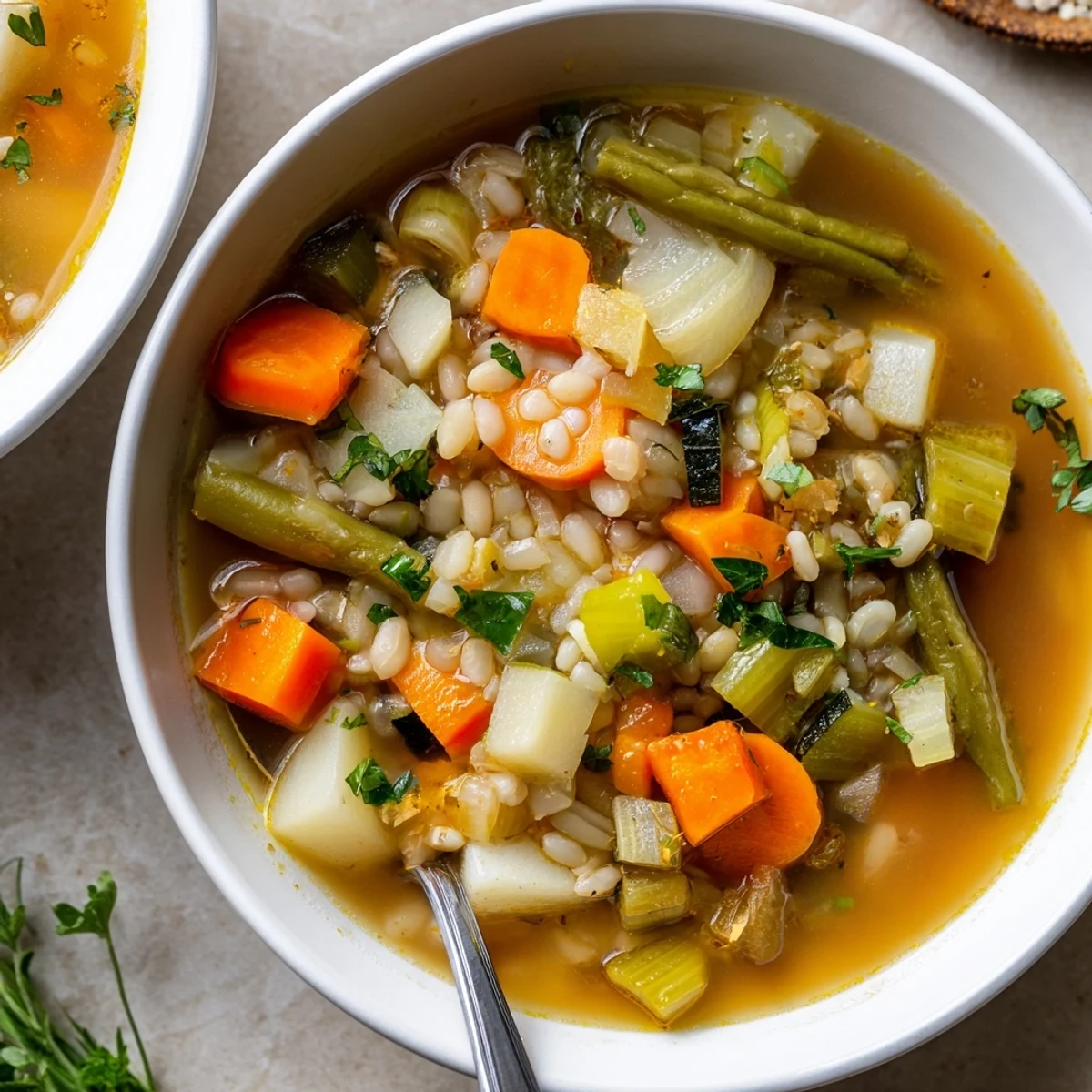 Rustic stone soup bowl garnished with fresh parsley featuring tender white beans and pearl barley in rich vegetable broth