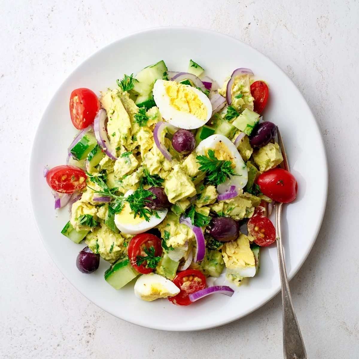 Creamy Mediterranean avocado egg salad with colorful cherry tomatoes and fresh parsley in a bowl