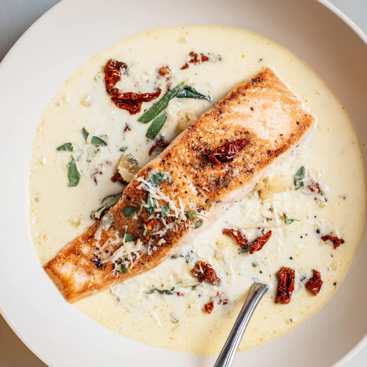 Golden pan-seared salmon fillets smothered in a rich parmesan cream sauce with sun-dried tomatoes and fresh herbs