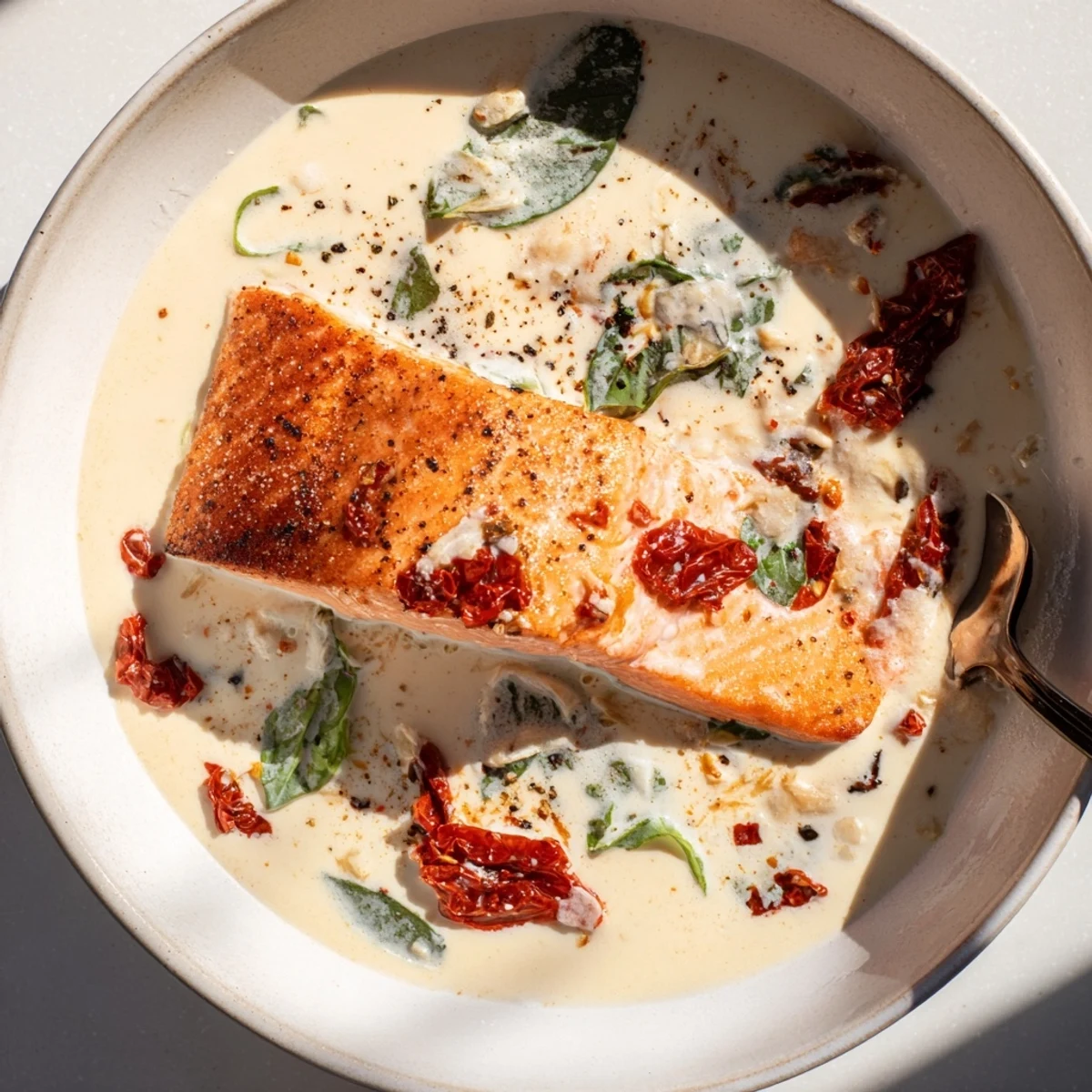 Romantic dinner featuring tender salmon swimming in a luscious sun-dried tomato cream sauce with parmesan cheese