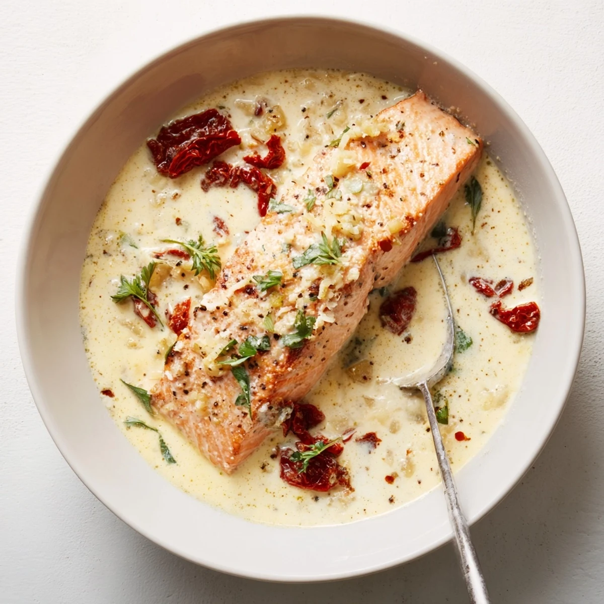 Creamy garlic Marry Me Salmon served over pasta with vibrant basil garnish and velvety white sauce