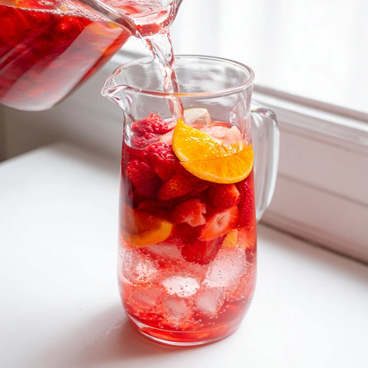 Refreshing Love Potion Punch in clear pitcher garnished with fresh strawberries, orange slices, and mint leaves