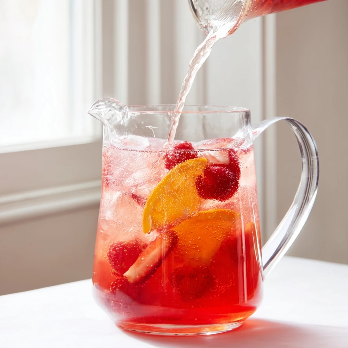 Glass of Love Potion Punch featuring layered berry juices topped with sparkling water and fresh mint