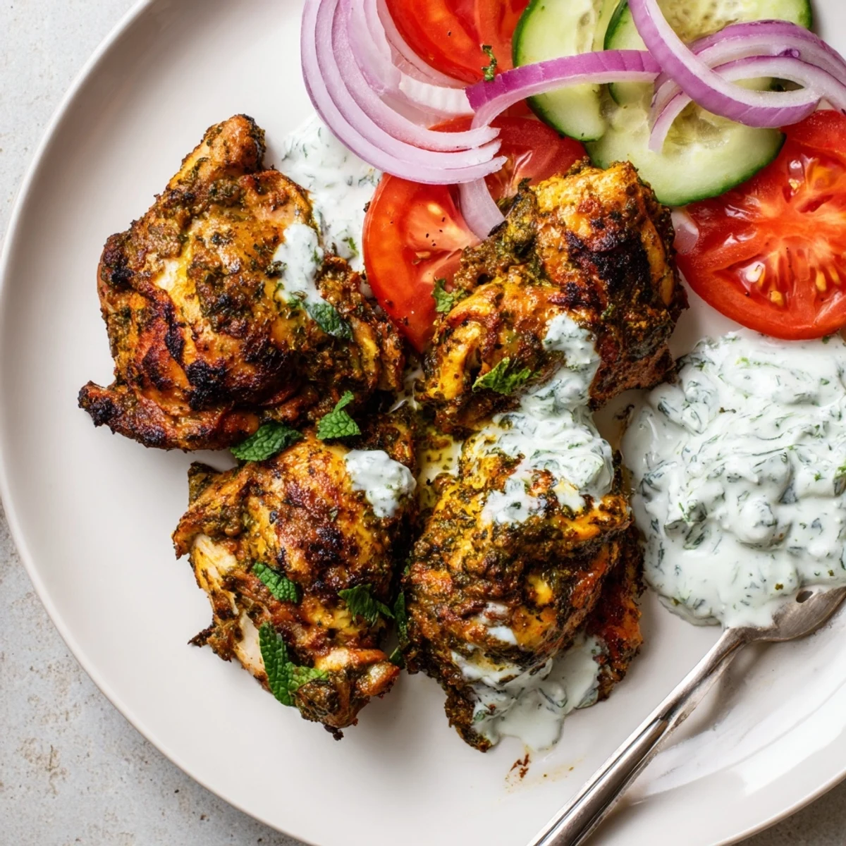 Tender grilled Lebanese chicken thighs served with creamy herby yogurt sauce