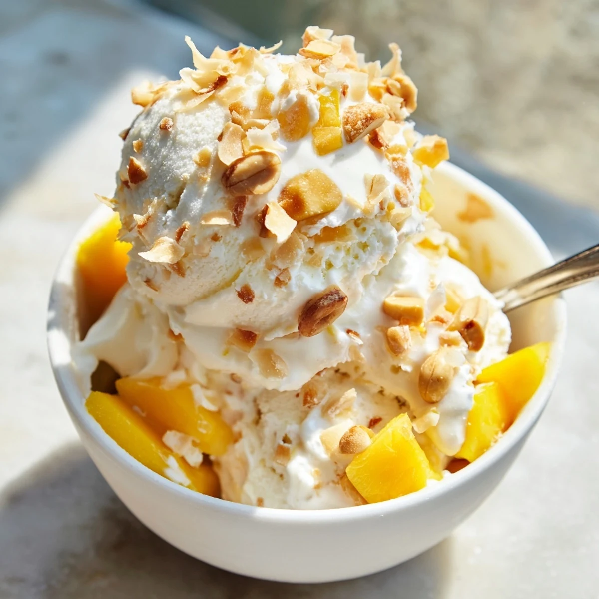 Creamy white scoops of Thai coconut milk ice cream garnished with toasted flakes and ripe mango chunks