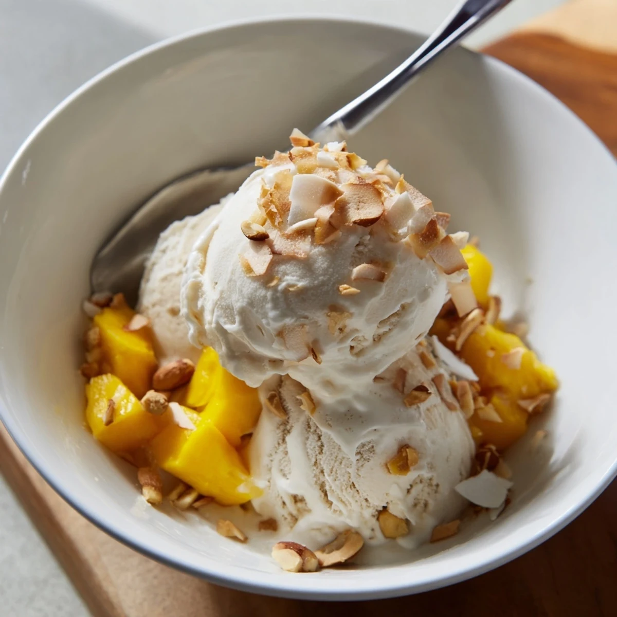 Vegan dairy-free Thai coconut milk ice cream swirled into a frosty bowl with crunchy peanut topping