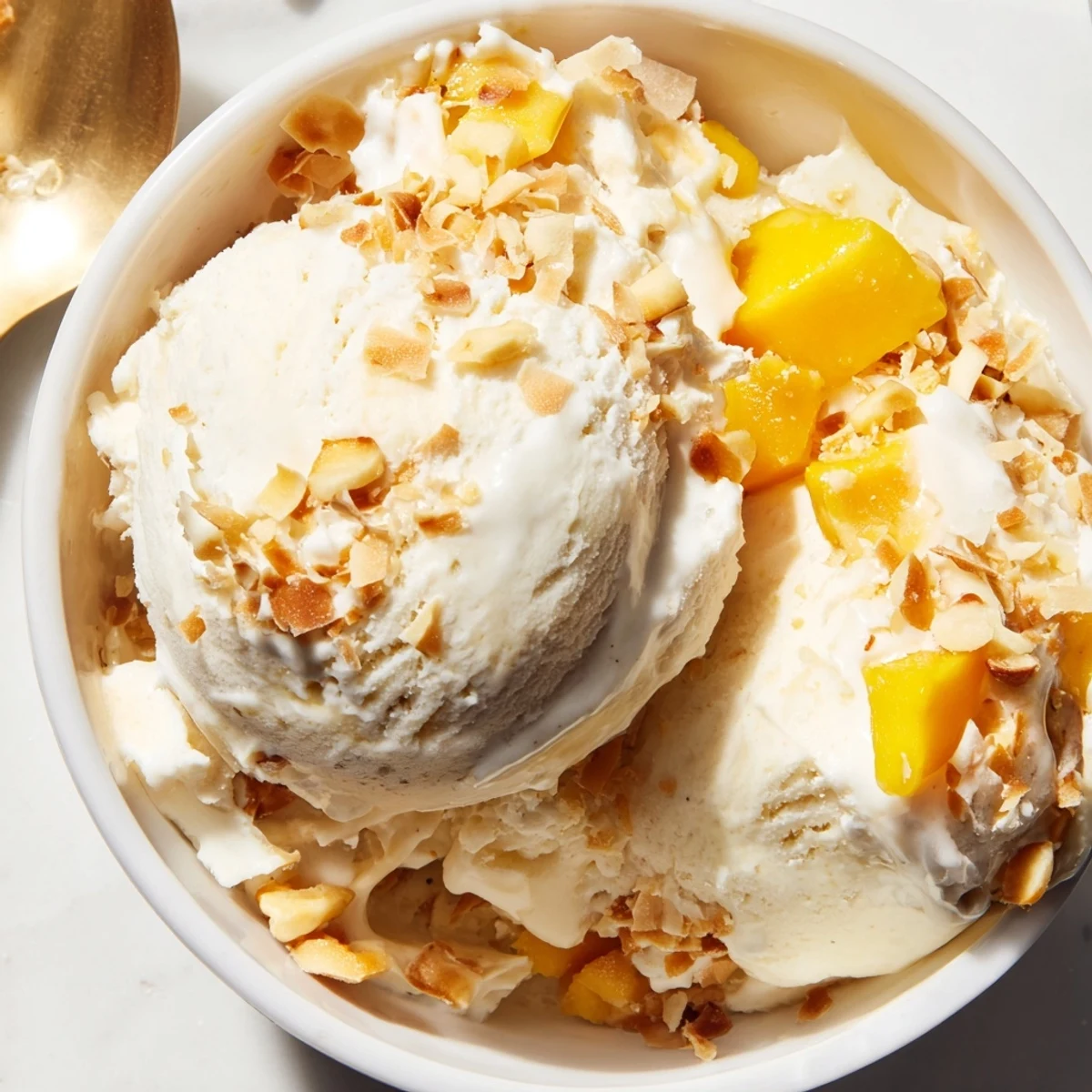Smooth homemade Thai coconut milk ice cream served in a chilled glass with fresh diced mango