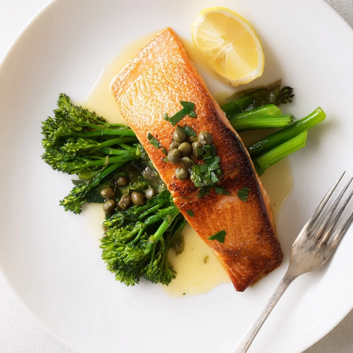 Golden crispy pan fried salmon with buttery garlic sauce and fresh herbs
