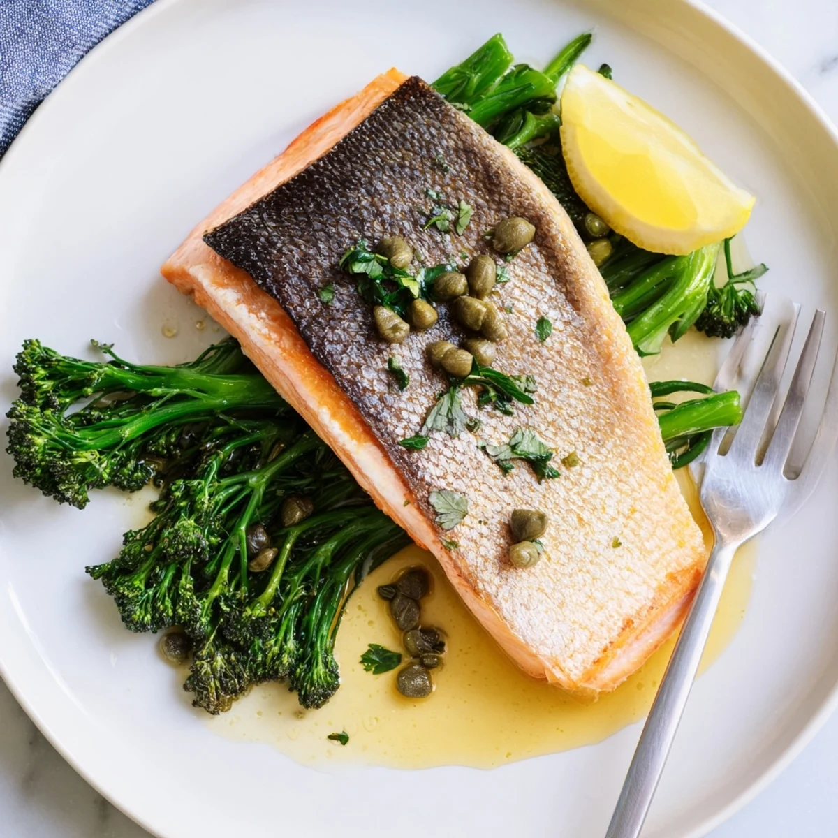 Restaurant style Gordon Ramsay pan fried salmon served with tender green vegetables