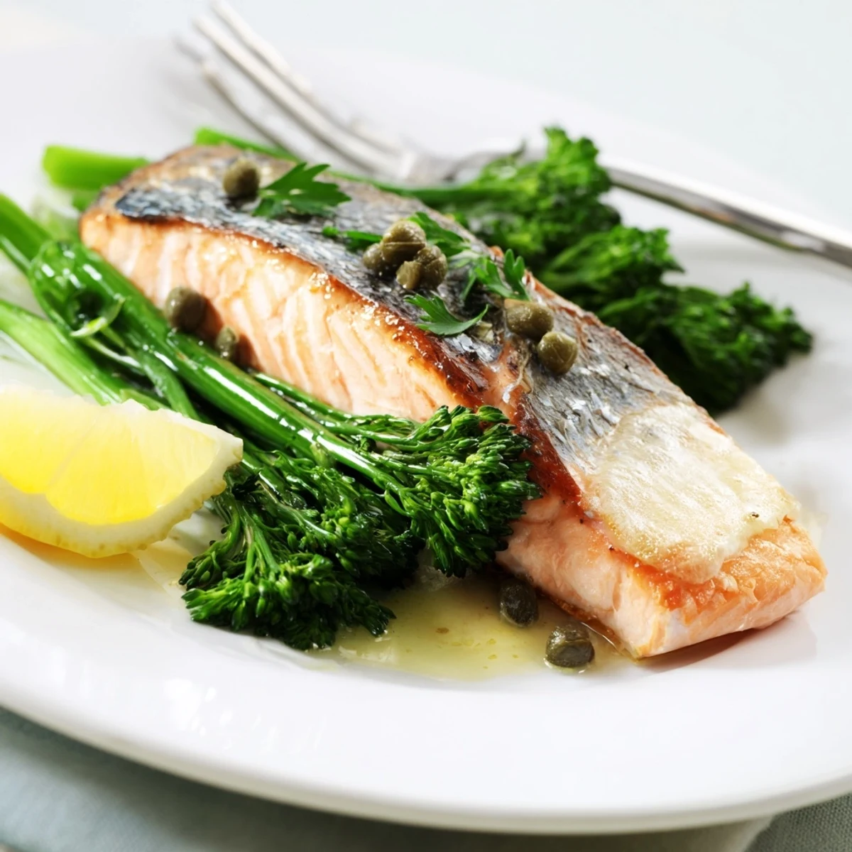 Sizzling salmon fillets with crispy skin in lemon caper butter sauce