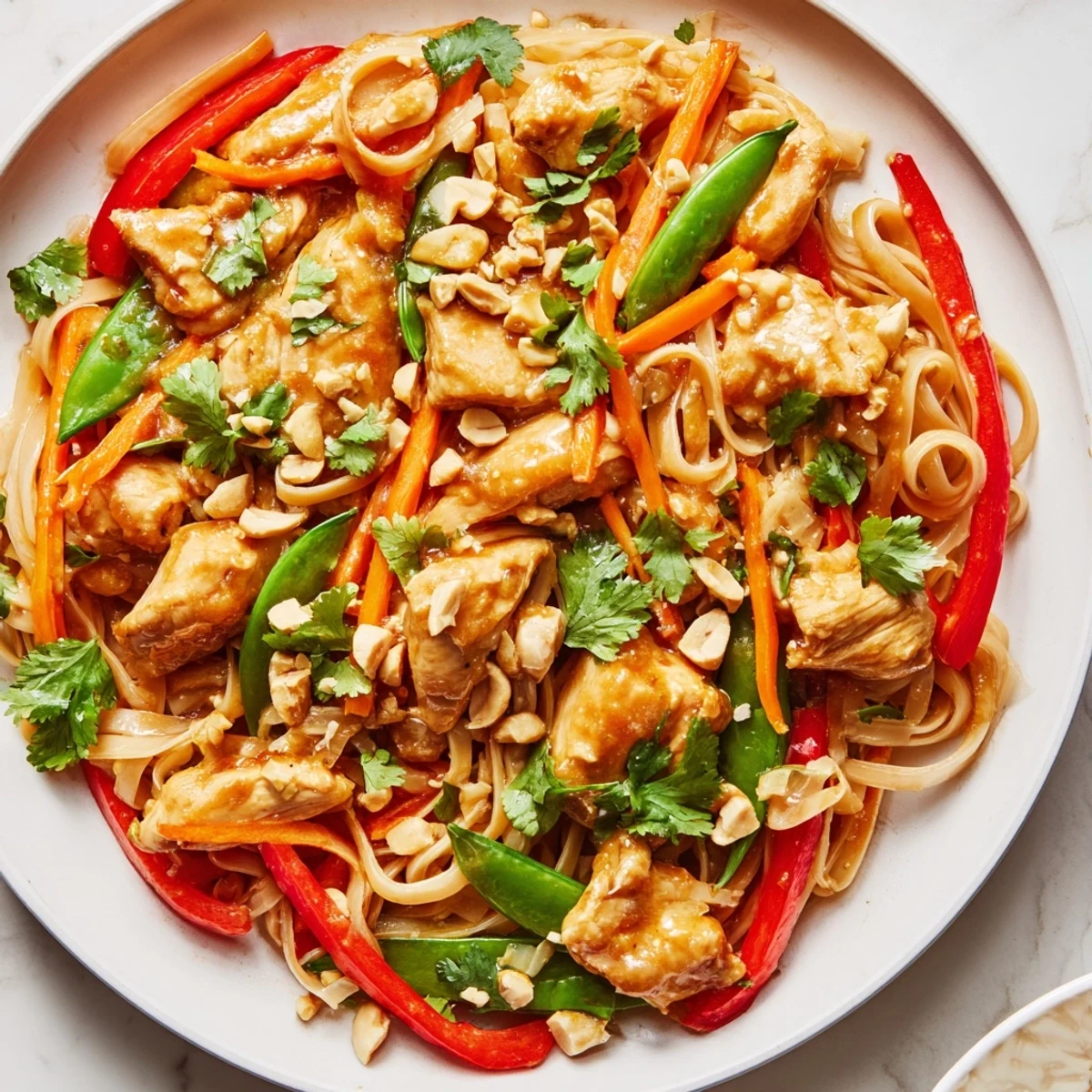 Colorful rice noodles tossed with tender chicken and vibrant veggies in spicy Thai peanut chicken noodle bowls