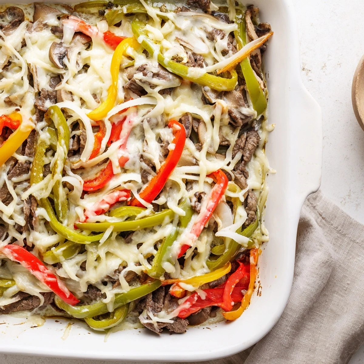 Golden brown low carb Philly cheesesteak casserole with bubbling provolone and mozzarella cheese topping