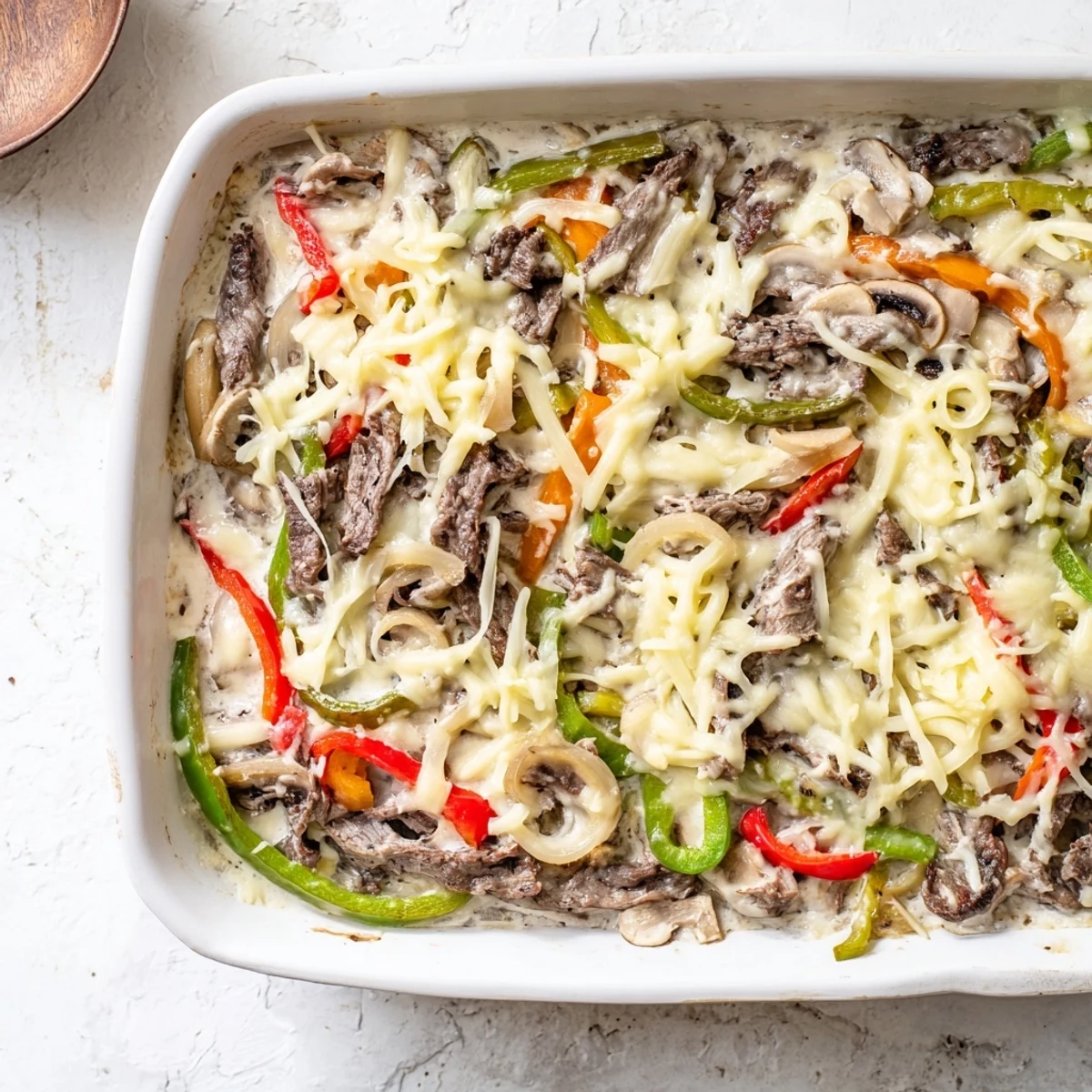 Baked beef and vegetable casserole featuring peppers, onions, and melted three-cheese blend