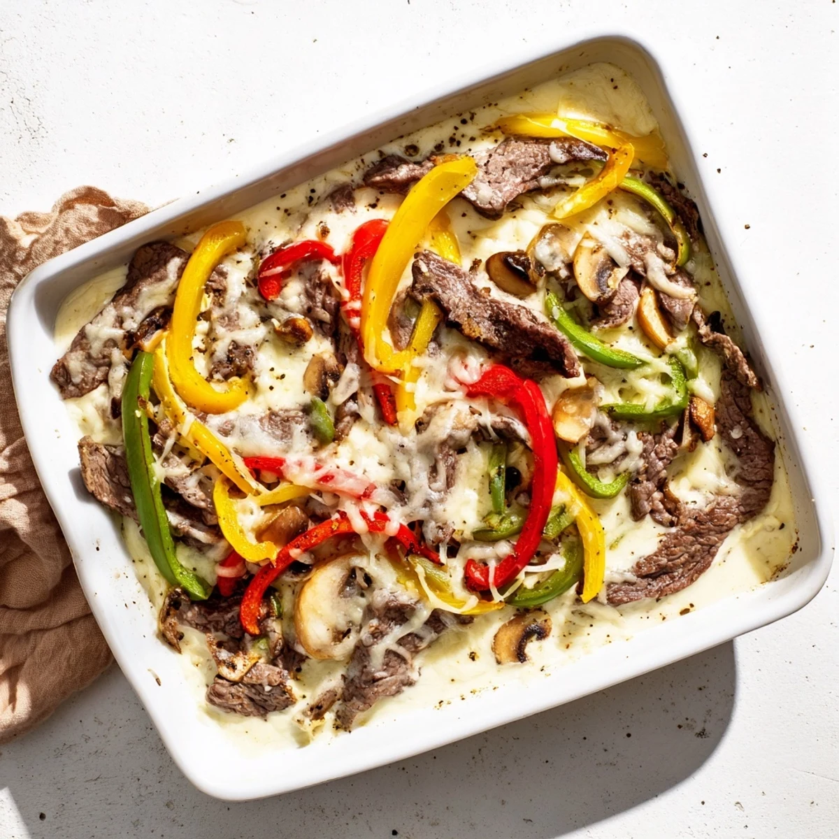 Savory low carb Philly cheesesteak casserole fresh from the oven with creamy vegetable layers