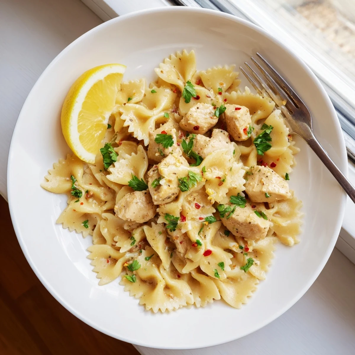 Golden brown chicken pieces and bowtie pasta coated in zesty lemon cowboy butter sauce with fresh herbs