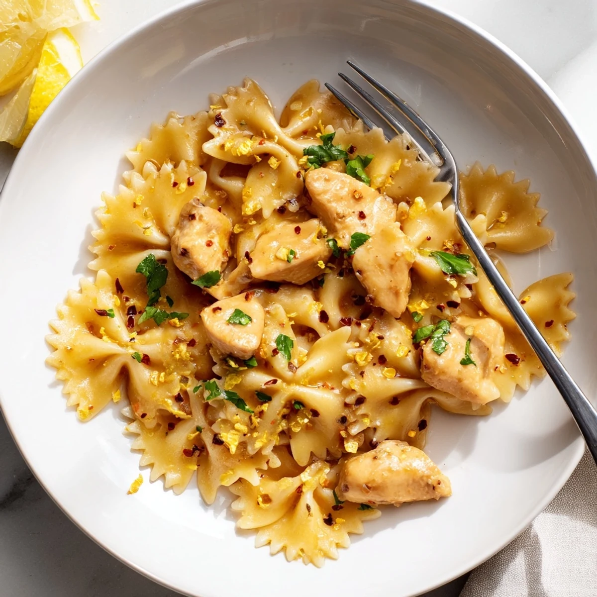 Low carb cowboy butter lemon bowtie chicken served hot with parsley garnish and lemon wedges on white plate