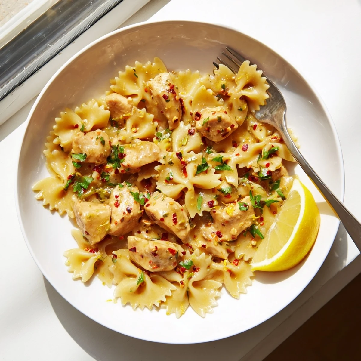Creamy skillet of tender chicken and low-carb pasta tossed in lemon herb butter sauce with red pepper flakes