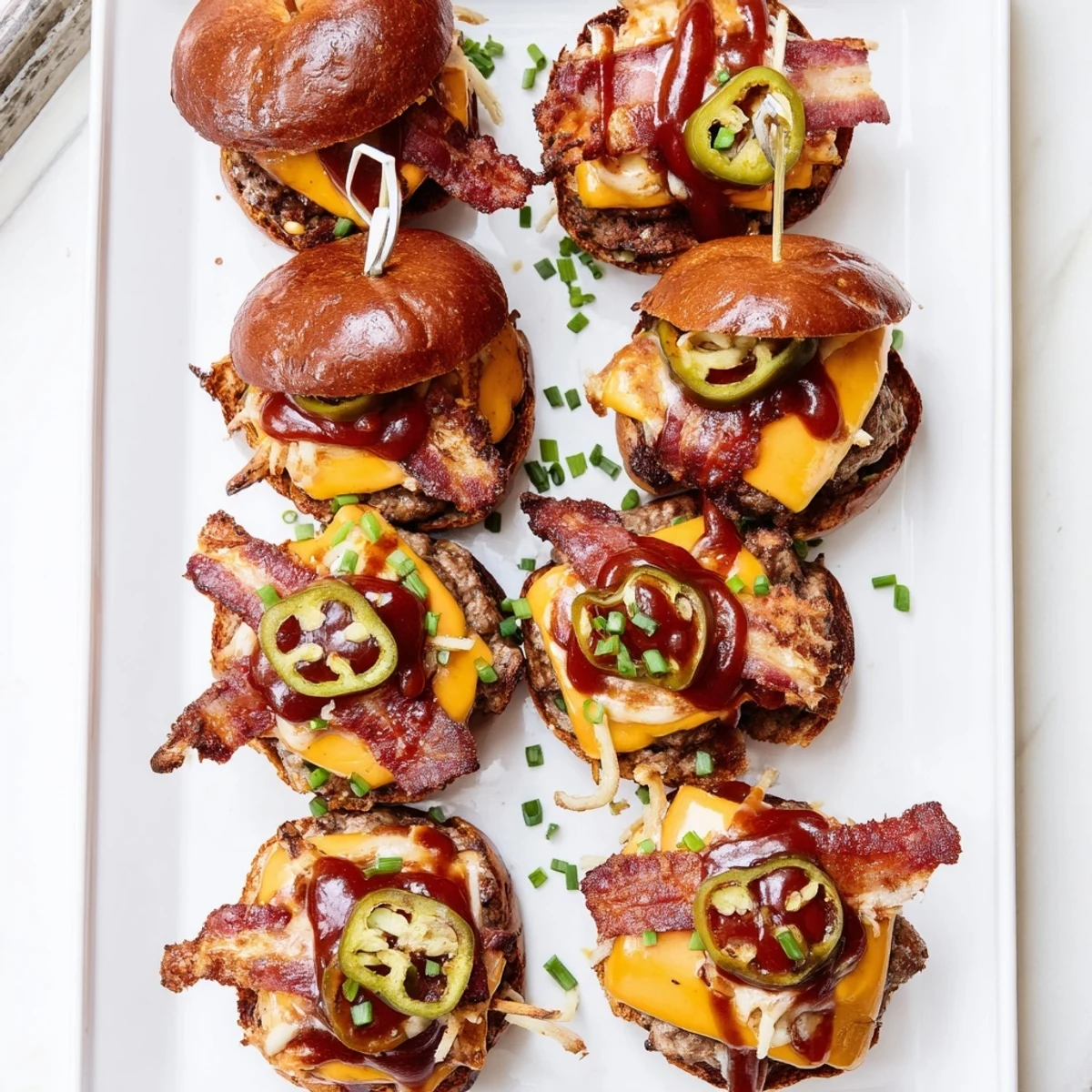 Mouthwatering Pretzel Cowboy Sliders stacked high with fried onions, bacon slices, and drizzled with smoky barbecue sauce