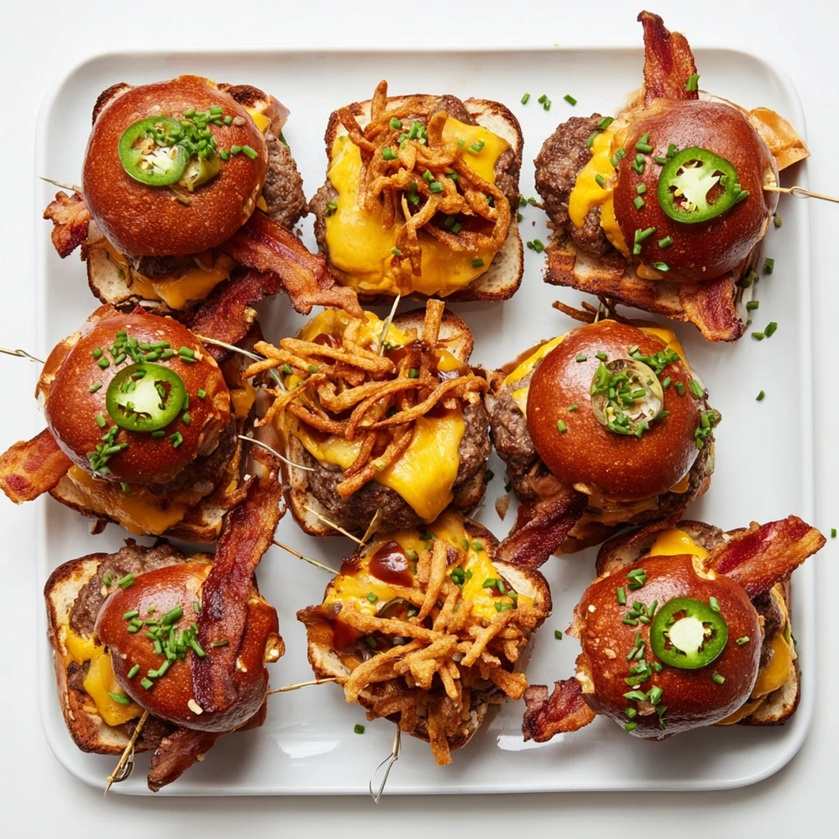 Golden Pretzel Cowboy Sliders featuring beef patties topped with sharp cheddar, bacon, and crispy fried onions