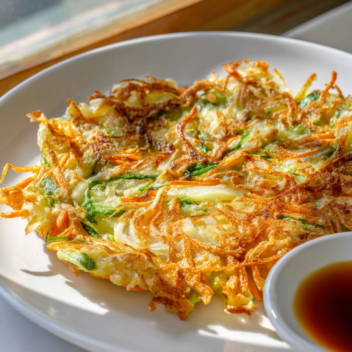 Savory Korean pancakes frying in skillet with vibrant green onions and carrots