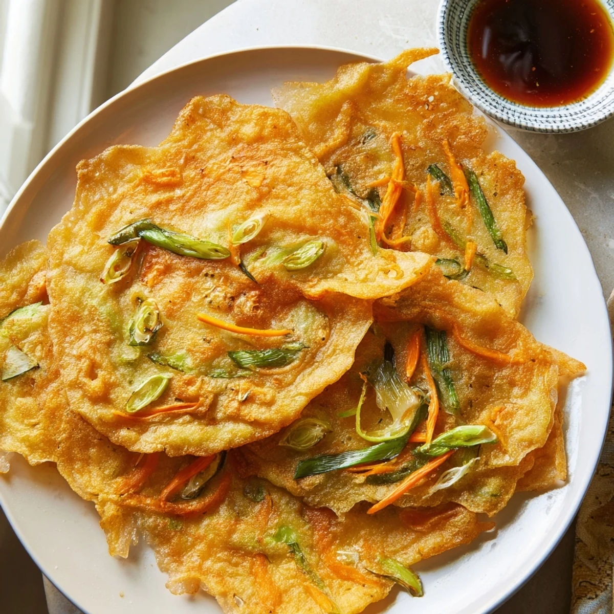 Golden crispy Korean pancakes loaded with fresh scallions and colorful julienned vegetables
