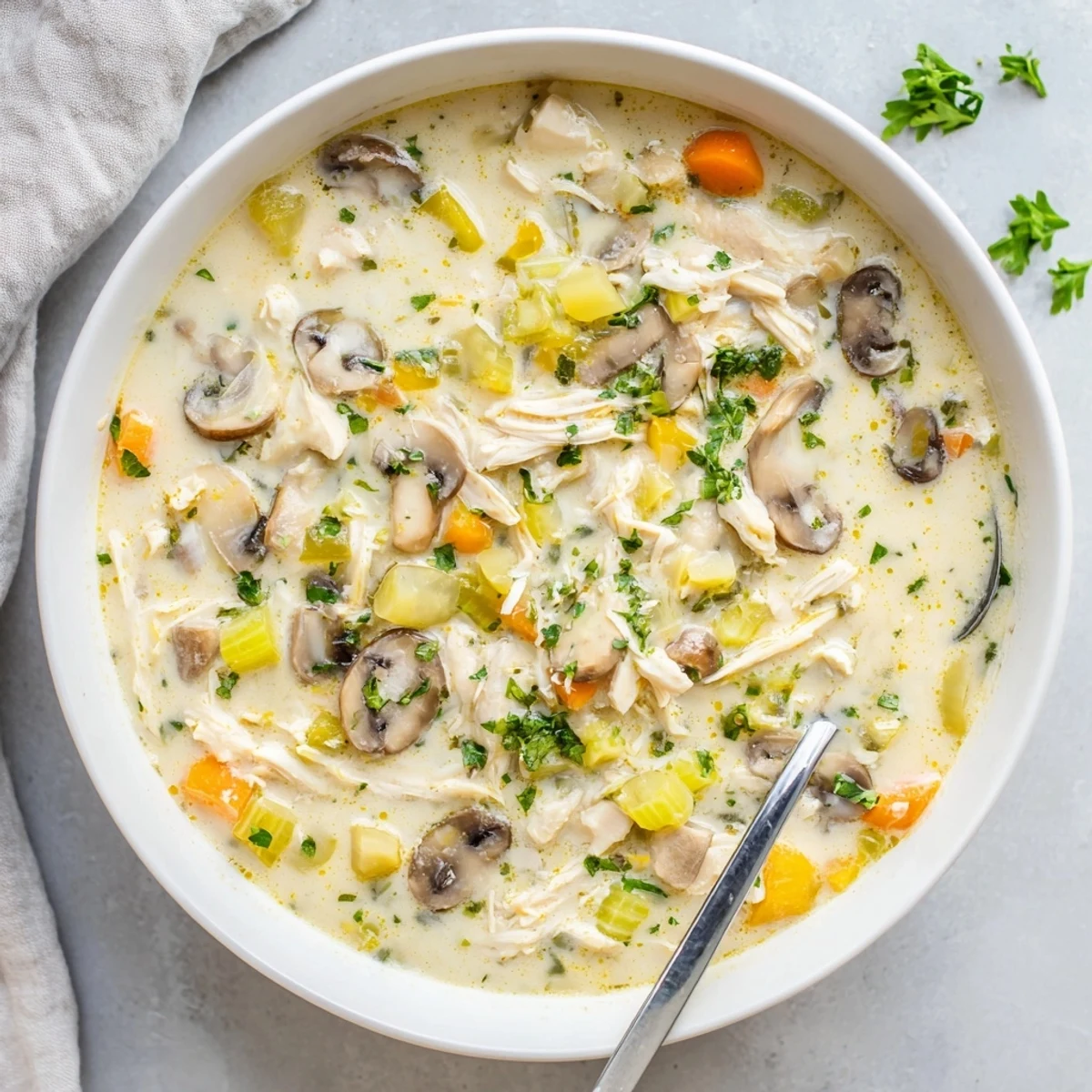 Creamy rotisserie chicken mushroom soup ladled into white bowls topped with fresh parsley garnish