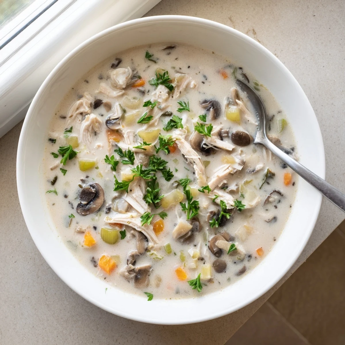 Steaming bowl of rich chicken mushroom soup featuring tender shredded meat and sliced vegetables