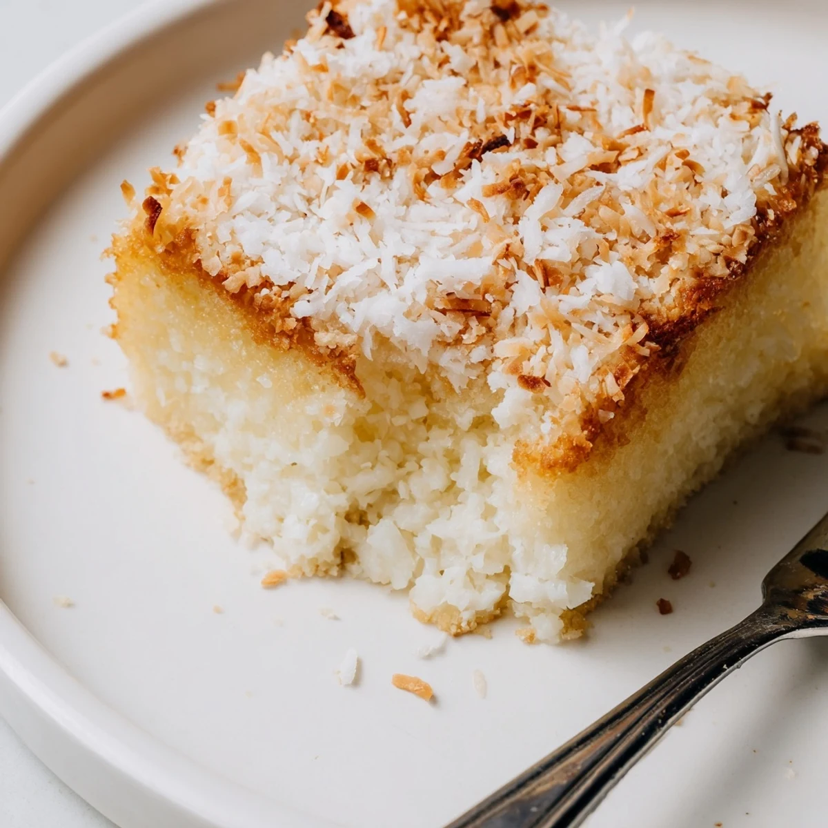 Chewy gluten-free coconut mochi cake with golden edges and a fluffy white interior texture