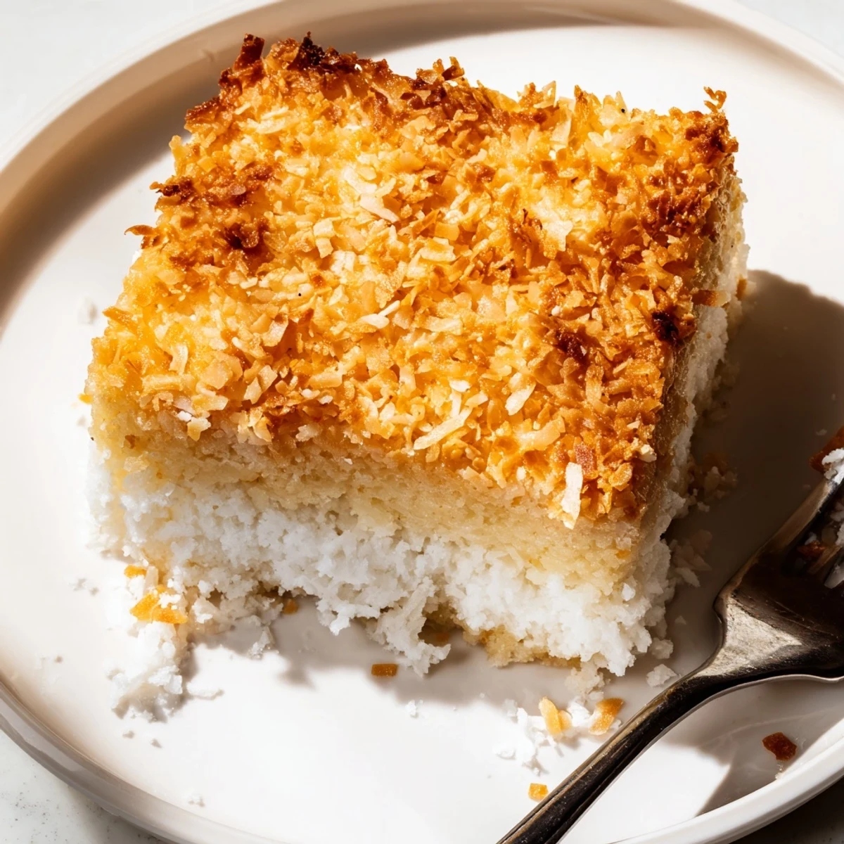 Slice of coconut mochi cake dessert showing the moist crumb and coconut topping close-up