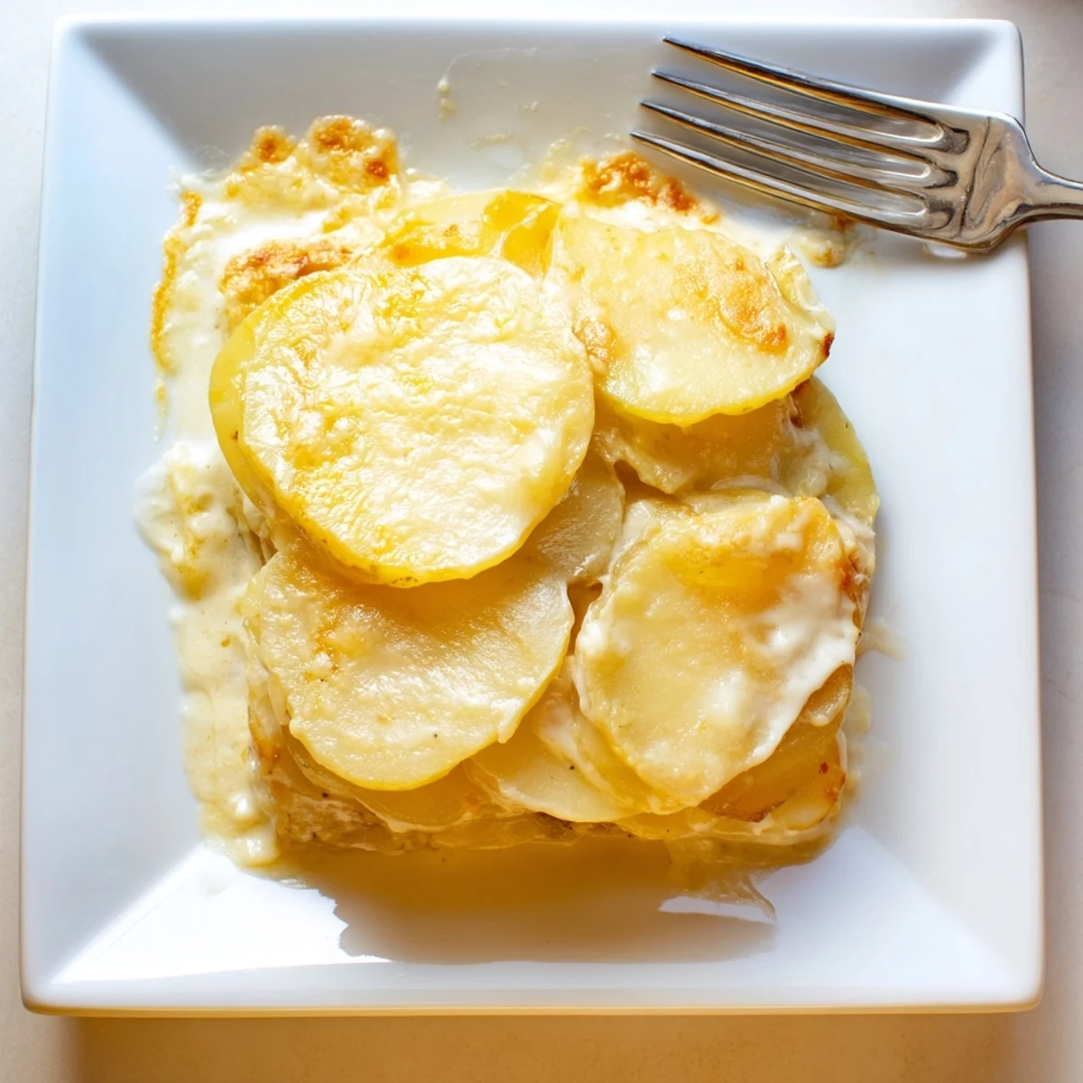 Homemade cheesy scalloped potatoes in a white ceramic dish topped with crispy cheese layer