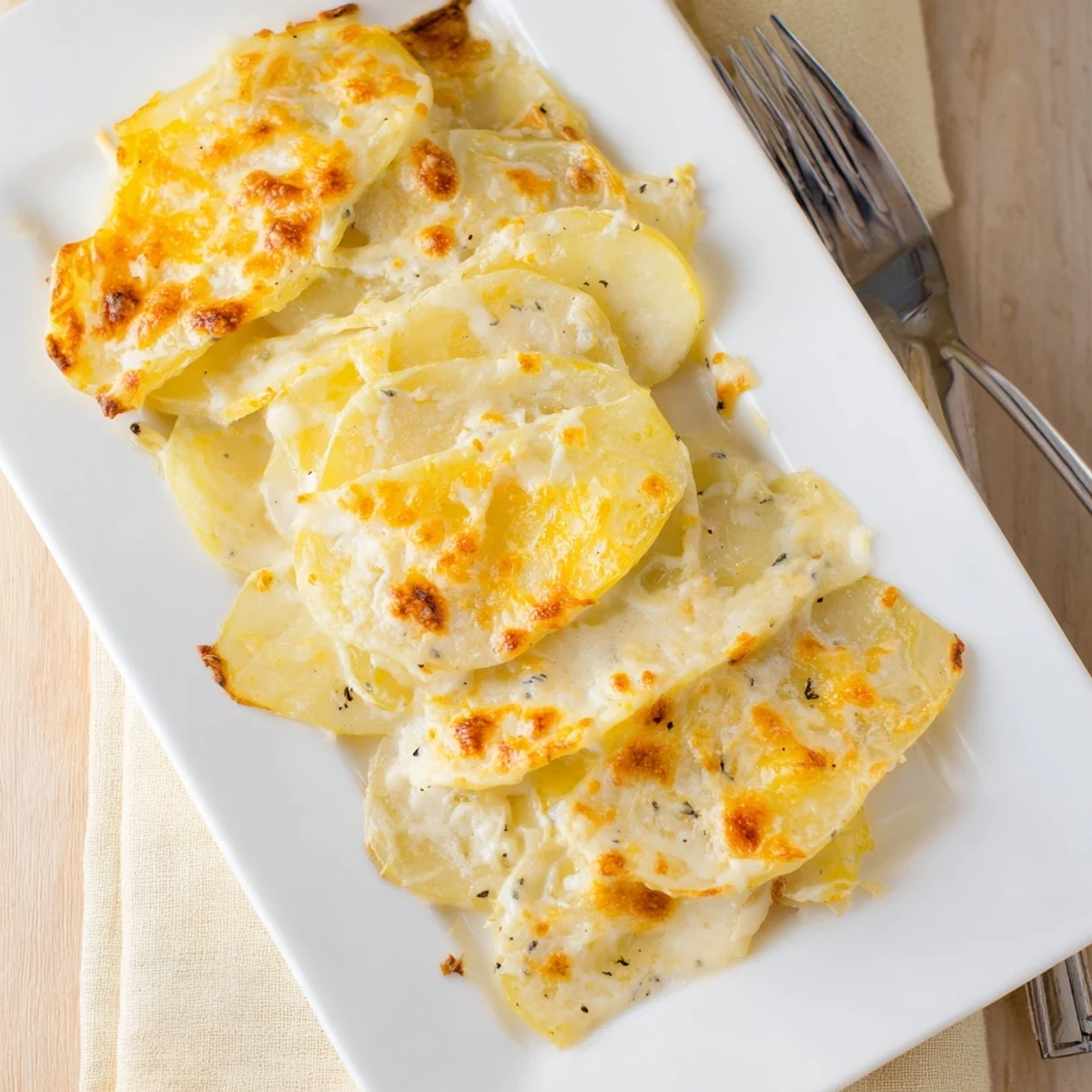 Tender potato slices baked with melted cheddar and parmesan until perfectly golden and bubbly