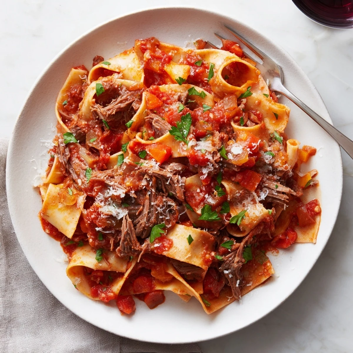 Hearty slow cooker beef ragu featuring fork-tender beef chunks simmered in Italian tomato sauce with fresh parsley