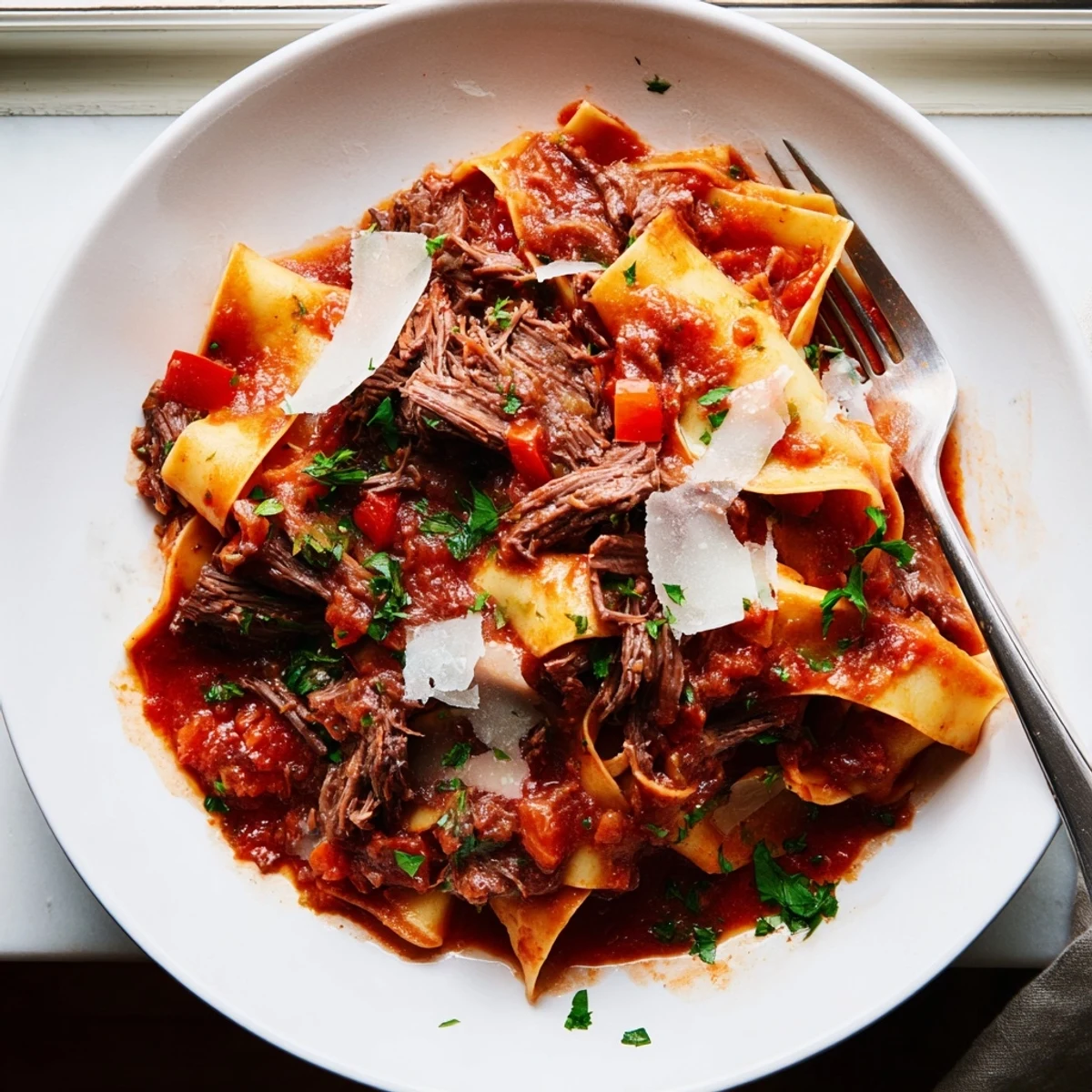 Slow cooker beef ragu with tender shredded meat in rich tomato sauce served over wide pasta noodles