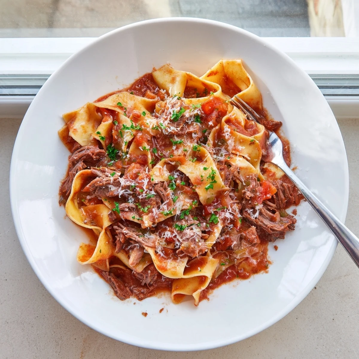 Savory slow cooker beef ragu draped over creamy polenta with grated Parmesan and fresh herb garnish