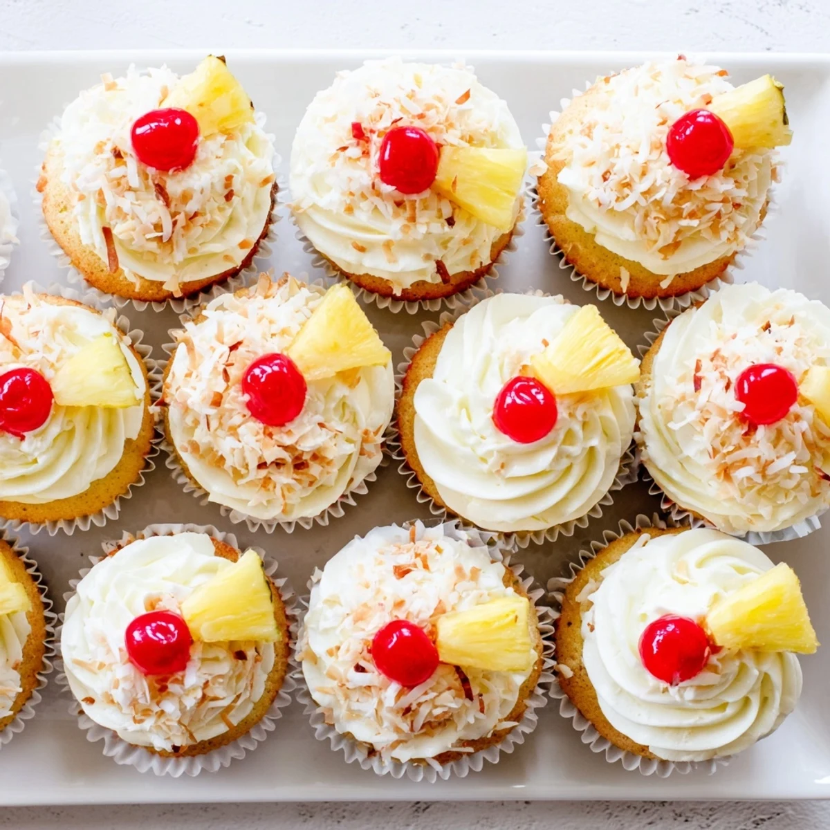 Golden tropical cupcakes with pineapple and coconut flavors, garnished with maraschino cherries