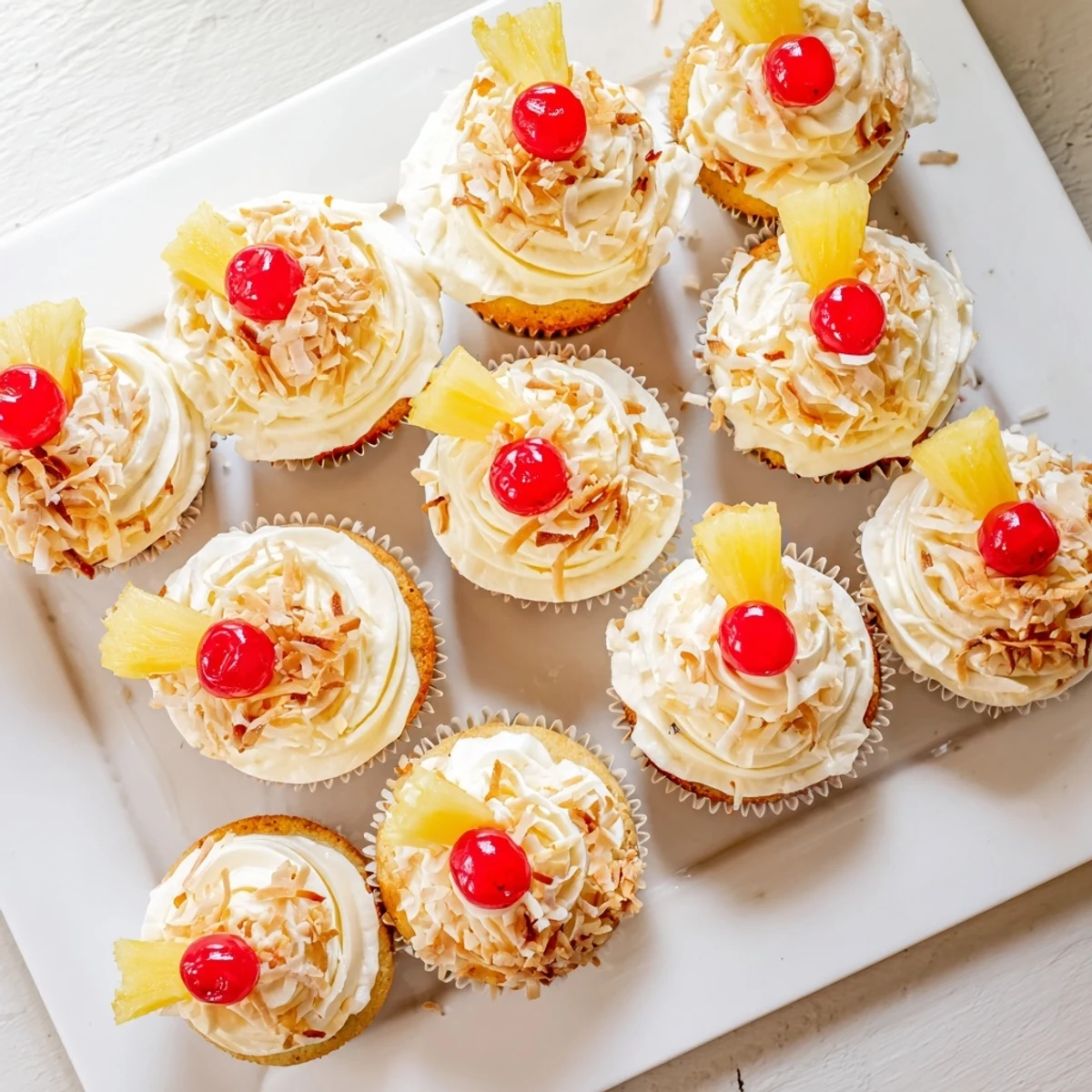 Fluffy Piña Colada cupcakes topped with creamy white coconut frosting and toasted coconut flakes