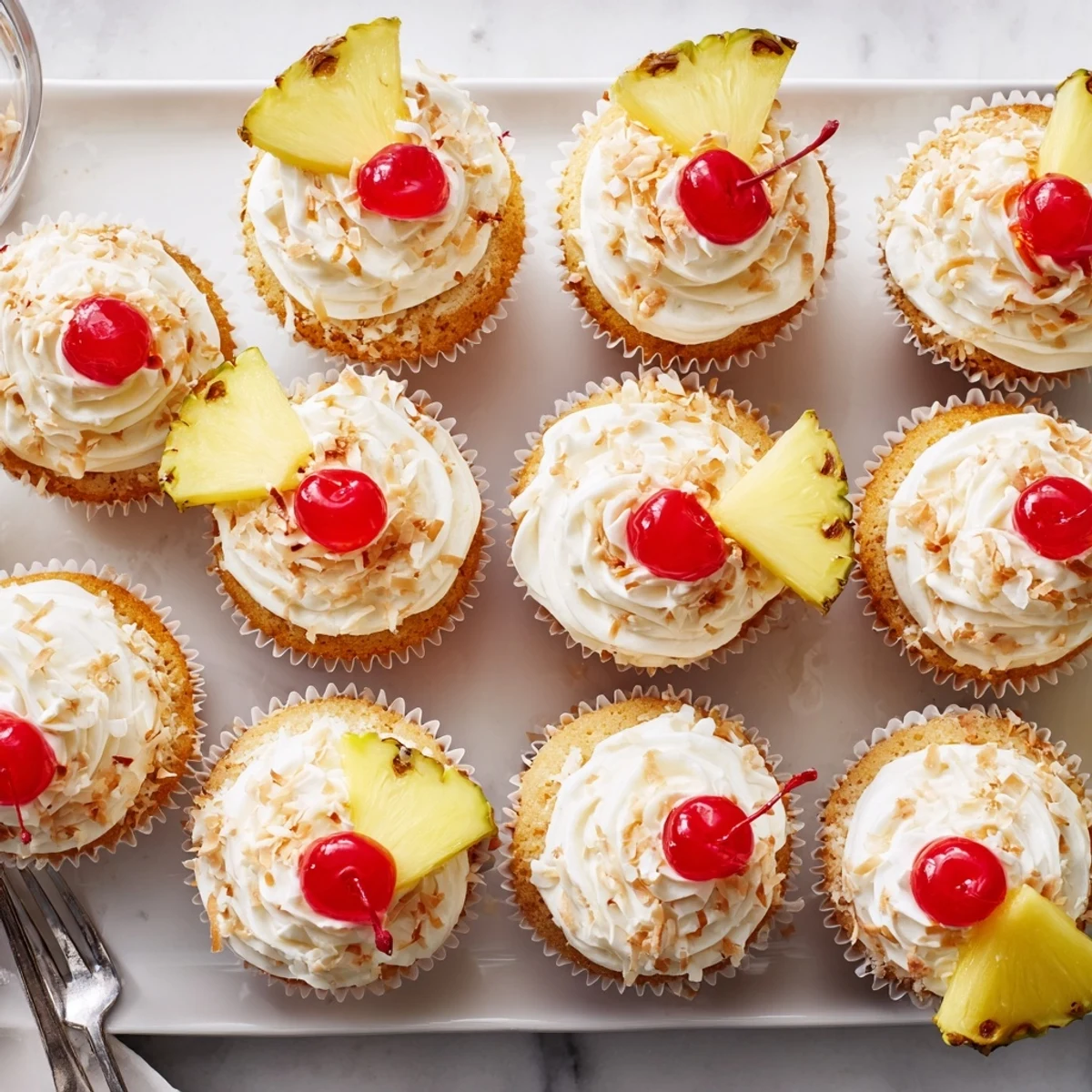 Freshly baked Piña Colada cupcakes piled high with buttercream frosting and sweet coconut shreds
