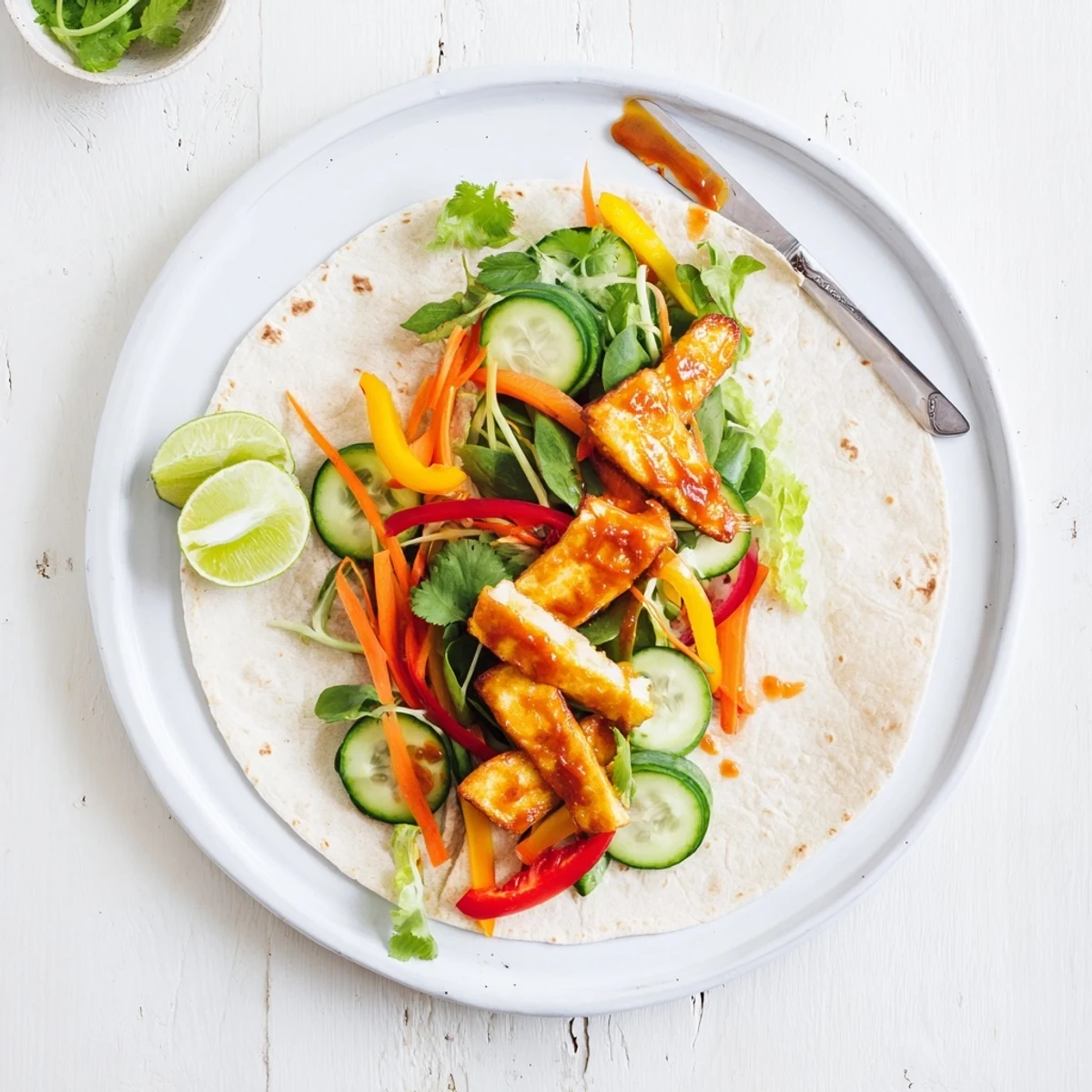Golden brown fried halloumi strips wrapped in flour tortilla with colorful julienned vegetables