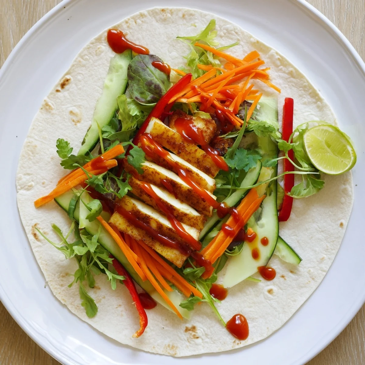 Sliced wrap revealing creamy halloumi cheese with crunchy vegetables and tangy sweet chili glaze