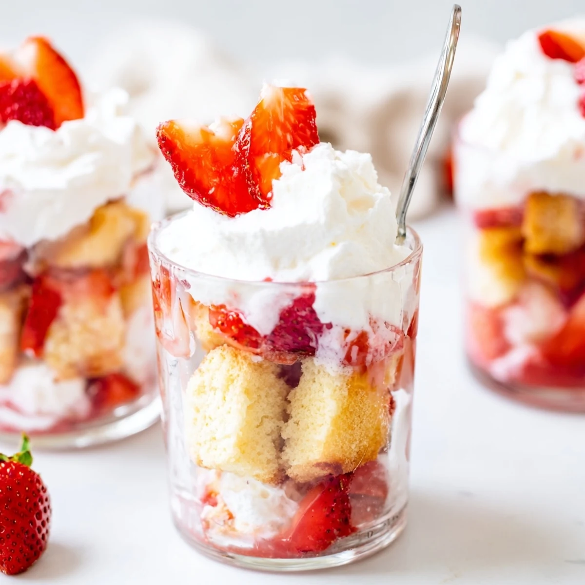 Individual strawberry shortcake cups displaying tender cake cubes, macerated strawberries, and sweet cream topped with fresh berry slices