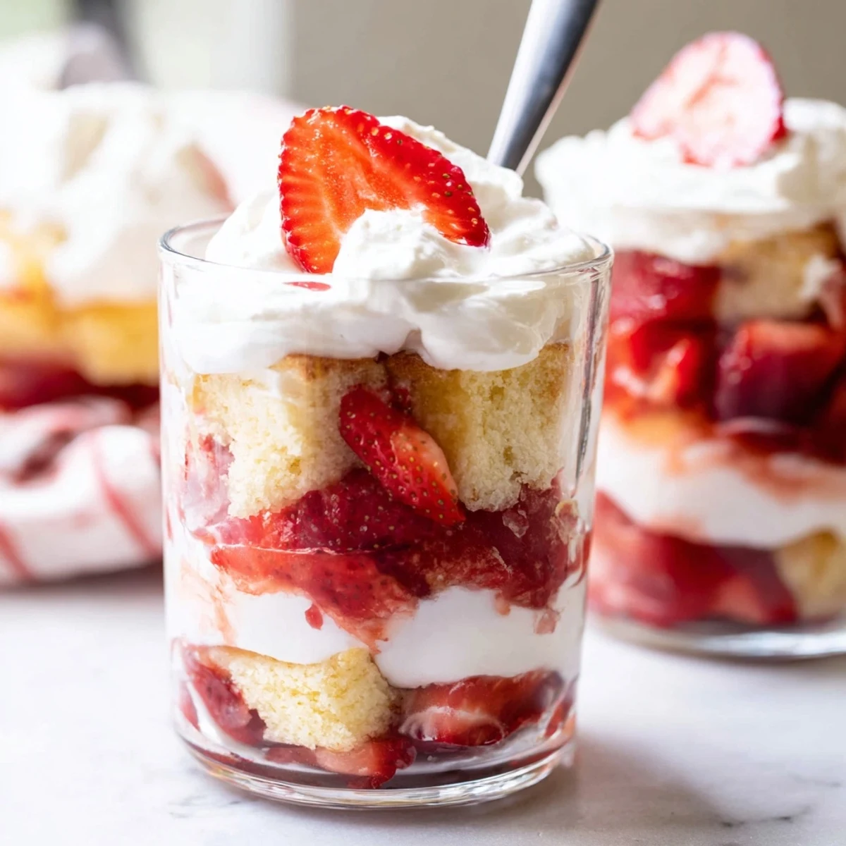 Golden homemade strawberry shortcake cups layered with juicy red berries and fluffy white whipped cream in clear glass dessert cups