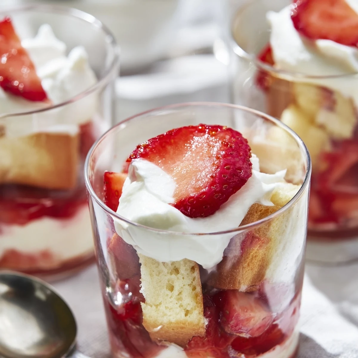 Layered strawberry shortcake cups in transparent glasses showing buttery shortcake pieces, sugared strawberries, and vanilla whipped cream swirls