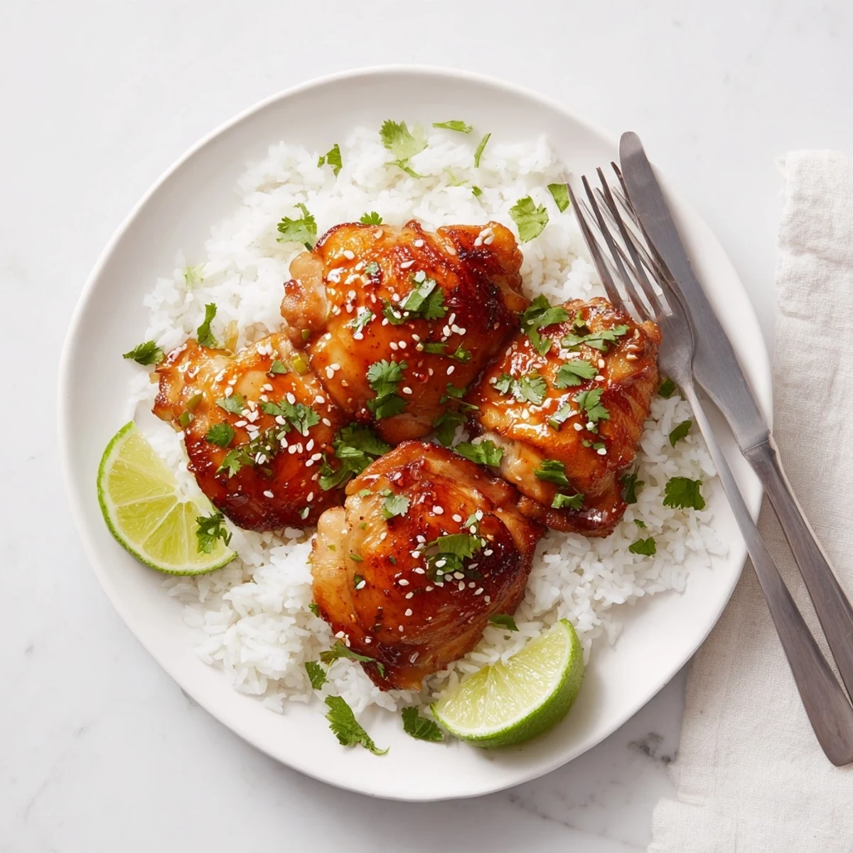 Plate of spicy maple glazed chicken resting on creamy coconut rice with sesame garnish