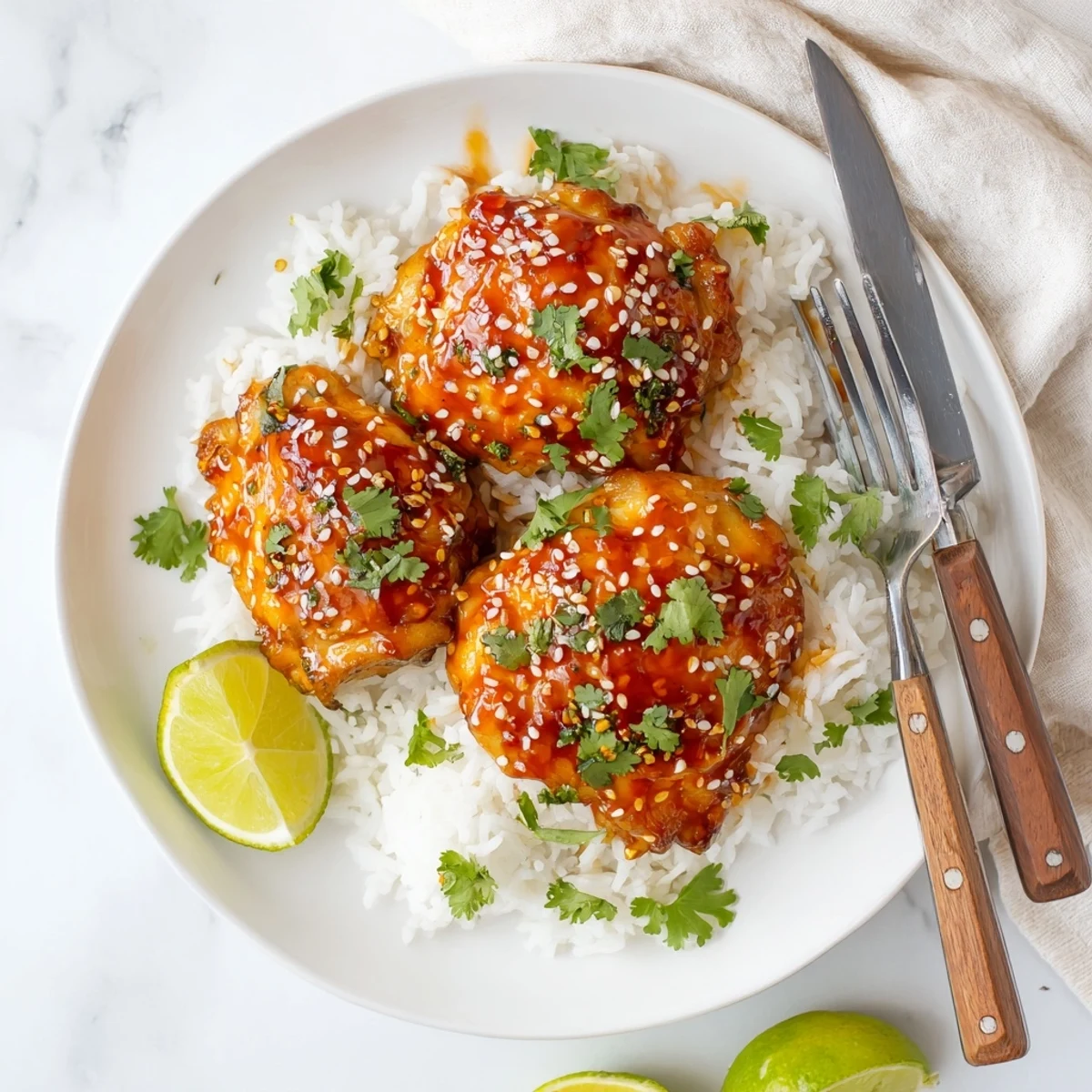 Golden glazed chicken thighs with spicy maple coating atop fluffy white coconut rice