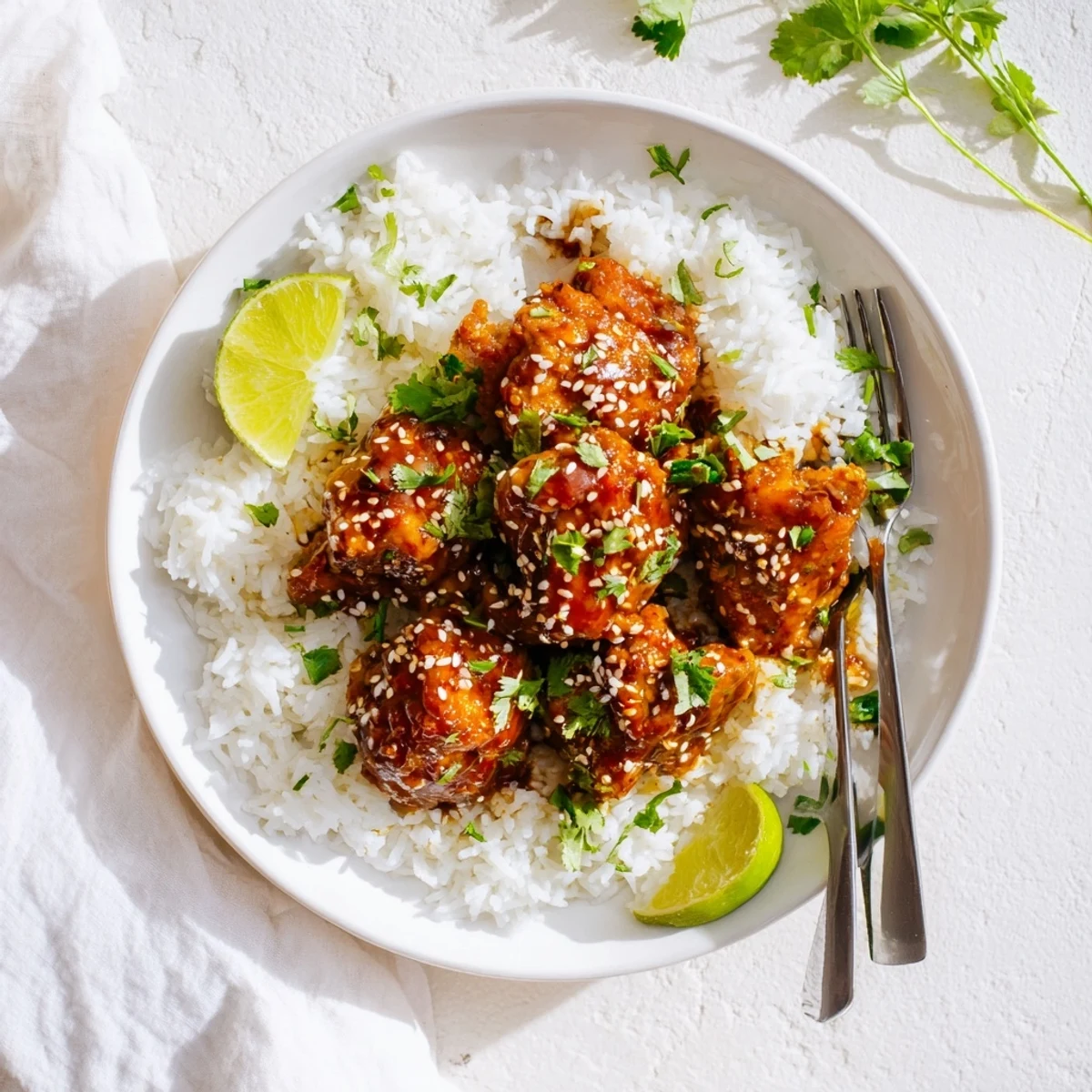 Tender chicken pieces in sweet sticky maple sriracha sauce served over fragrant coconut rice