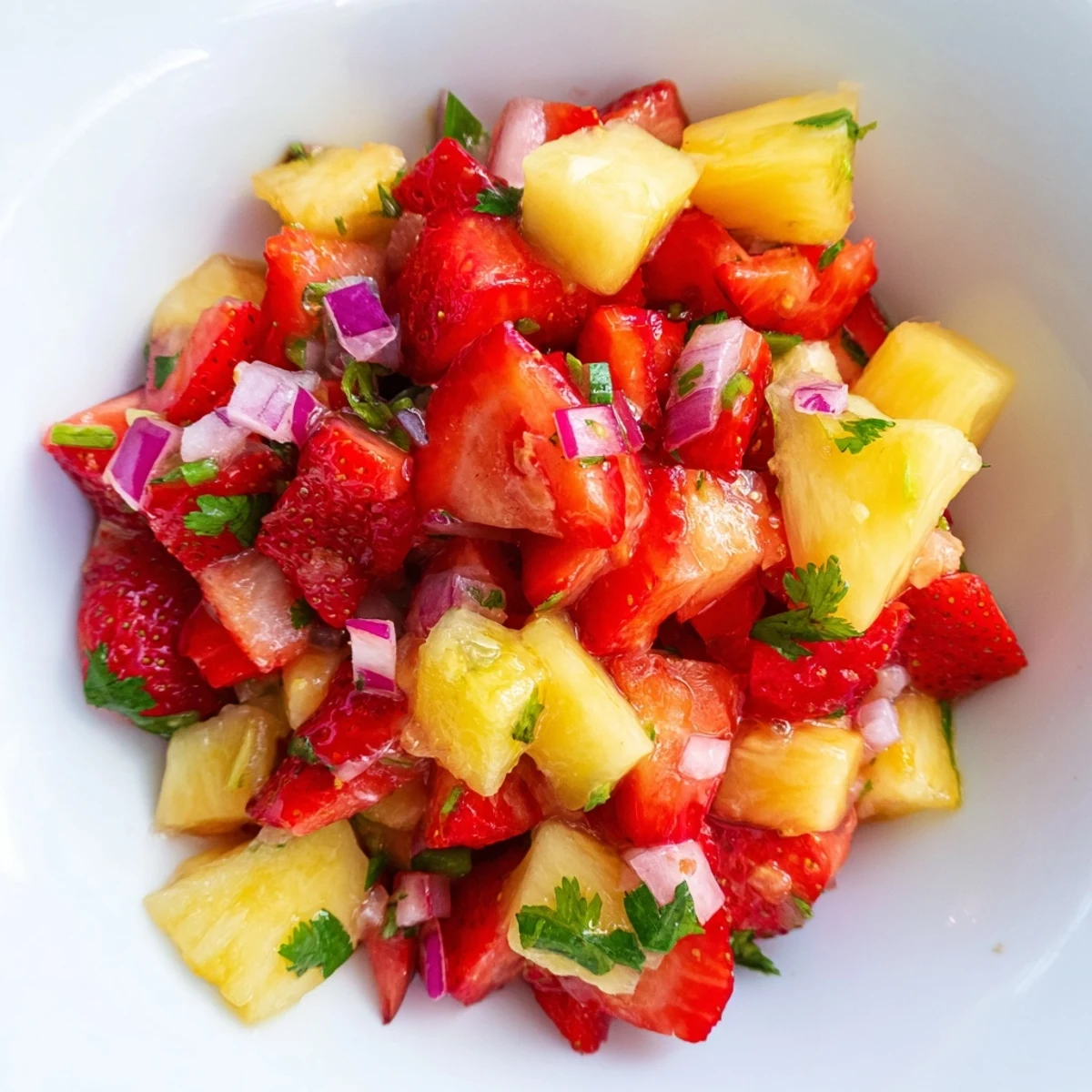 Fresh strawberry pineapple salsa featuring bright red fruit cubes and green cilantro garnish