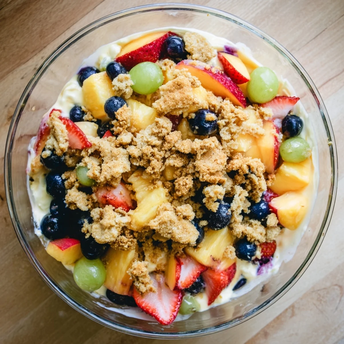 Golden peach cobbler cheesecake fruit salad bowl with fresh berries and creamy cheesecake coating